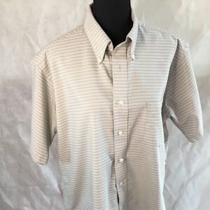 David Taylor button up short sleeve shirt 16 1/2 beige tan light blue